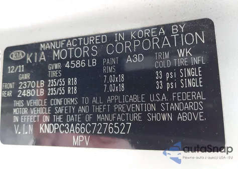 2012 Kia Sportage Sx z USA, uszkodzony, nr VIN KNDPC3A66C7276527